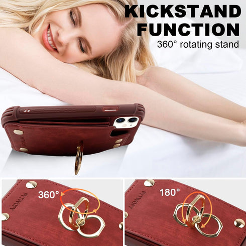 iPhone 11 Wallet Case with Credit Card Holder, Leather Shockproof Cover with 360° Rotation Ring Stand - Burgundy
