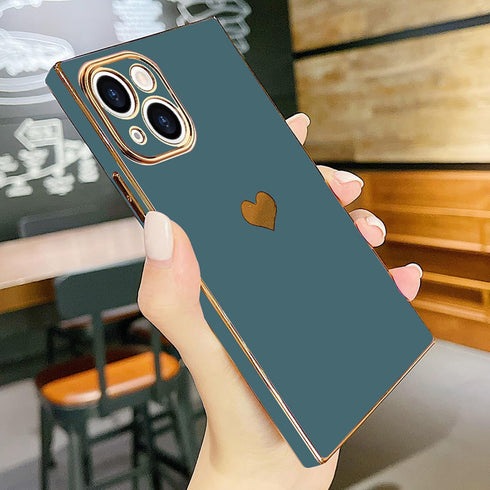 Compatible with iPhone 13 Case Square Luxury Plating Gold for Women Girls Cute Love Heart Pattern Shockproof Raised Full Camera Lens Protection Cover Case for iPhone 13, Grey