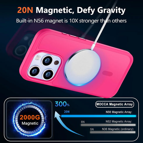 MOCCA Strong Magnetic Slim Translucent Case for iPhone 15 Pro, Military Drop Protection, Hot Pink