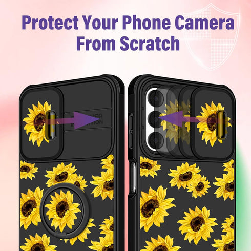 (2in1 Cute Girls Sunflower Kawaii Aesthetic Case for Samsung A14 5G, Black Design with Camera Cover and Ring Stand