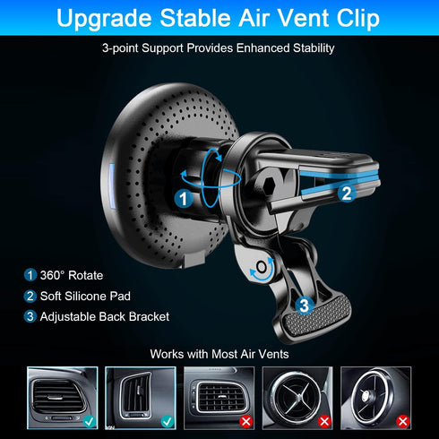 Magnetic Wireless Car Charger Mount, 15W Fast Charging Air Vent Holder for iPhone 15/14/13 Pro Max