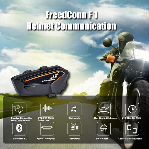 FreedConn Motorcycle Bluetooth Headset F1, Helmet Intercom with CVC Noise Cancellation, Universal Pairing, IP67