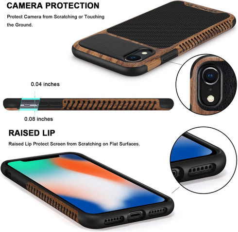 TENDLIN Compatible iPhone XR Case, Wood Grain with Carbon Fiber Texture Design, Black Leather Hybrid Slim Case