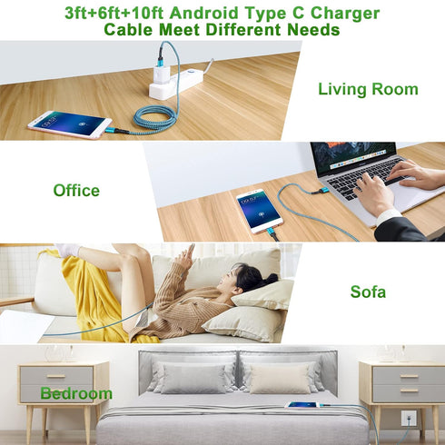 Samsung Type C Charger Cable 3 Pack - 10ft 6ft 3ft for Galaxy A15 5G, A14, S24 Ultra, A23, A54, A13, A53, A24, S23,