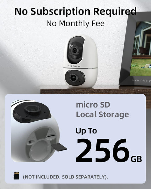 VIRTAVO XD1 360 2-Way Indoor Security WiFi Camera, No Subscription Required, Dual-Lens PTZ Baby Monitor & Pet Cam