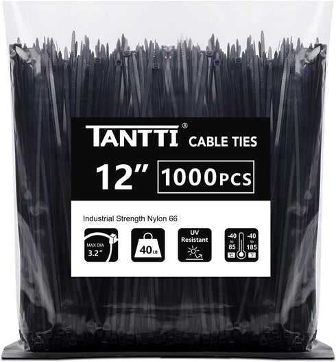TANTTI Zip Ties 12 inch, Black Zip Ties 1000 pack, 40lb, Cable Ties,