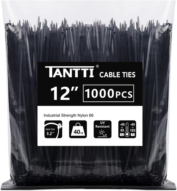 TANTTI Zip Ties 12 inch, Black Zip Ties 1000 pack, 40lb, Cable Ties,