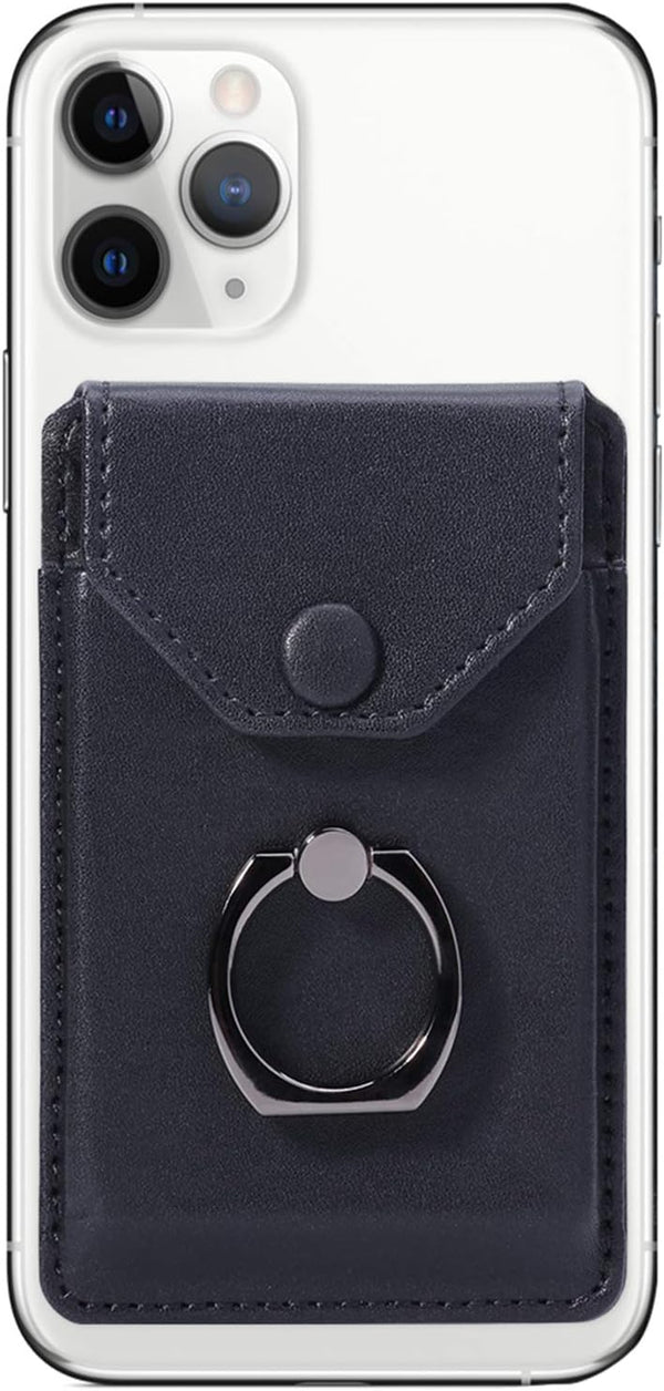 Ring Stand - Slim Leather Wallet Stick on Wallet for Cell Phone, Credit Card RFID Blocking Sleeve Black