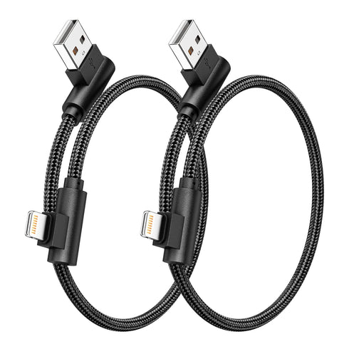 Lightning Cable 1ft 90 Degree 2 Pack MFi Certified Elbow Short iPhone Charger Right Angle Fast Charging Cable (Black, 1