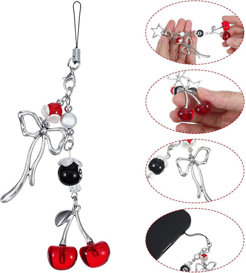 Shimmeroo 2Pcs Y2K Cherry Phone Charm Keychain, Cute Cell Phone Charms Kawaii Red Metal Cellphone Strap Keychain