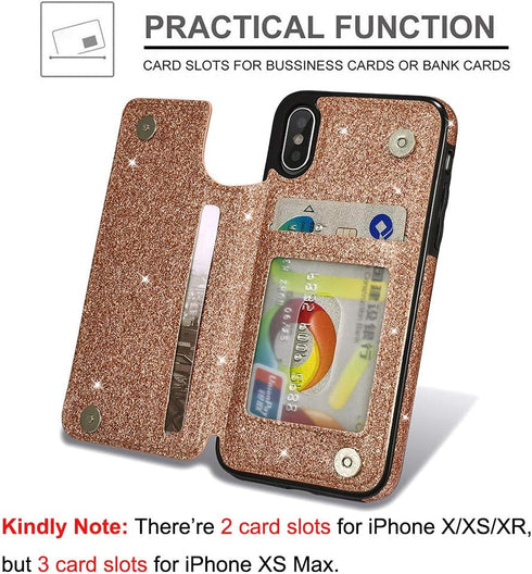 UEEBAI Case for iPhone X/XS - Premium Glitter PU Leather Wallet Cover with Card Slots, Rose Gold
