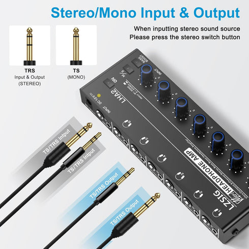 LZSIG Headphone Amplifier 6 Channel Metal Stereo Audio Amplifier, Mini Earphone Splitter with Power Adapter, TRS