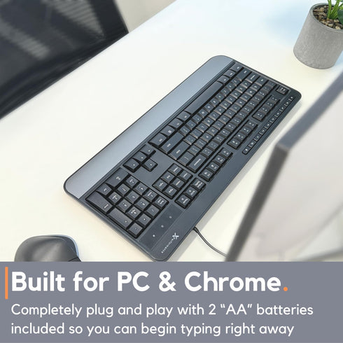 X9 Performance Multimedia USB Wired Keyboard, Ergonomic Full Size Keyboard with Wrist Rest and 114 Keys for Office PC