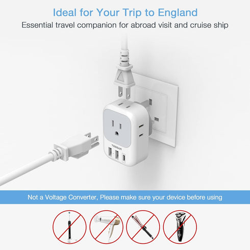 TESSAN US to UK Plug Adapter, Type G Travel Converter with 3 USB Charger and 4 Outlets for USA to UK