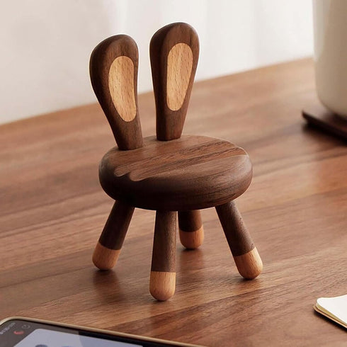 Yienning Cute Walnut Chair Cellphone Holder Stand Mini Chair Shape Phone Holder Rabbit Ears Phone Stand Desk Ornament