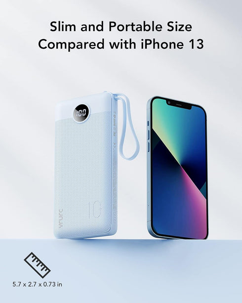 VRURC 10000mAh, 5 Portable Charger for iPhone, Built in Cables & Lanyard Power Bank Compact USB C Charging Bank Outputs