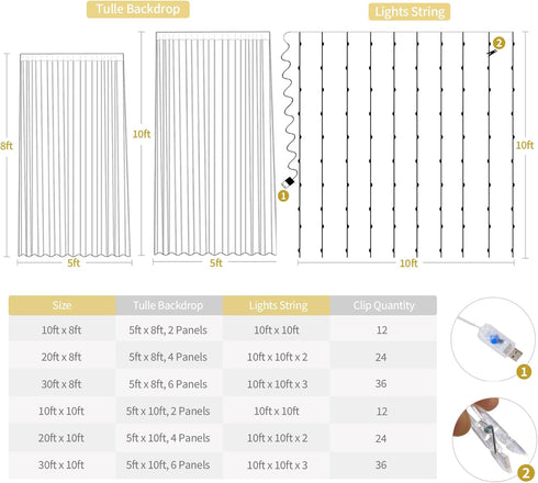 Tao-Ge 10ft 10ft x Champagne Sheer Tulle Backdrop Curtains with Lights String for Party Wedding Wrinkle Free Curtain