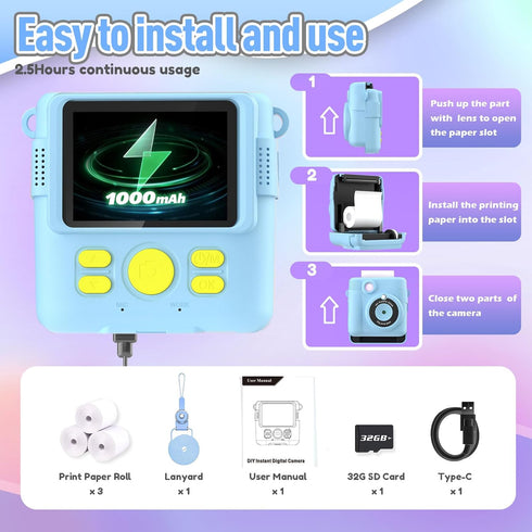 Kids Camera Instant Print, Christmas Birthday Gifts for Ages 3-12, Selfie Digital Camera with 1080P Videos, Blue