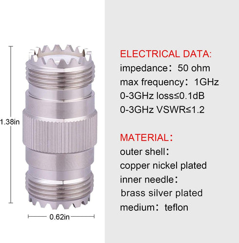 XRDS-RF UHF Connectors PL-259 Female to Female Adapter Connector, UHF SO239 Female Connectors, Pack of 2