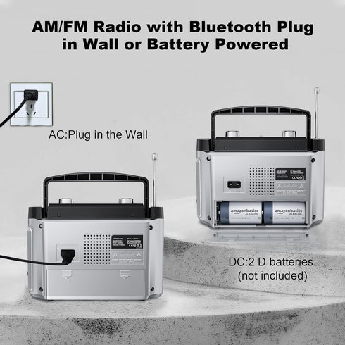 Portable AM FM Radio with Best Reception, Bluetooth Transistor Radio, Wall or Battery Powered, Small Radio for Home,