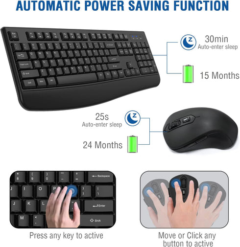 EDJO Wireless Keyboard and Mouse Combo, Full-Sized Ergonomic Computer Keyboard with Wrist Rest and 3 Level DPI