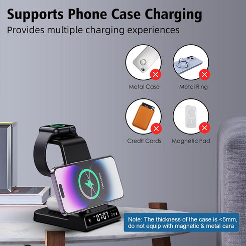 YiJYi 3 in 1 Wireless Charging Station with Digital Clock for iWatch SE/6/5/4/3/2/1, AirPods Pro, iPhone 15/14/13/12/11