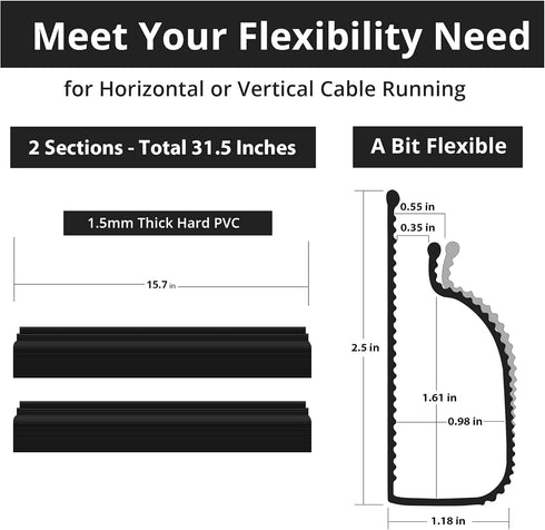 Cable Management Under Desk, Black (31.5in J Channel, 2x15.7in) - Self Adhesive Cable Raceways, Easy Install