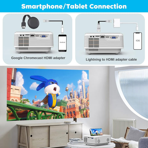 Mini Projector, HD Portable 1080P Full HD Supported, Compatible with Smartphone, Tablet, Laptop, White