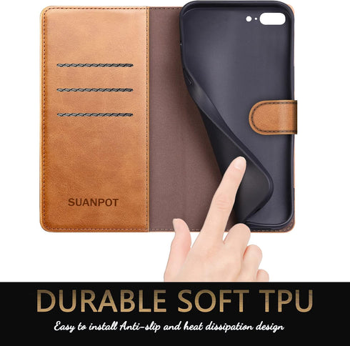 SUANPOT Flip Book Phone Case for iPhone 7 Plus/8 Plus 5.5" with RFID Blocking Leather Wallet, Brown