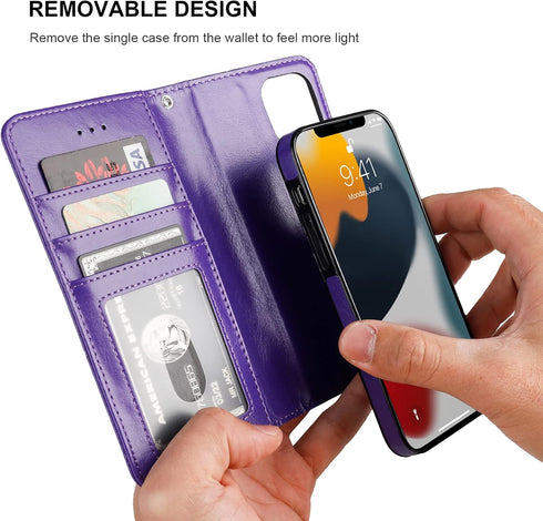 Bocasal Detachable Wallet Case for iPhone 13 Pro Max, RFID Blocking Card Slots, Premium PU Leather, Purple