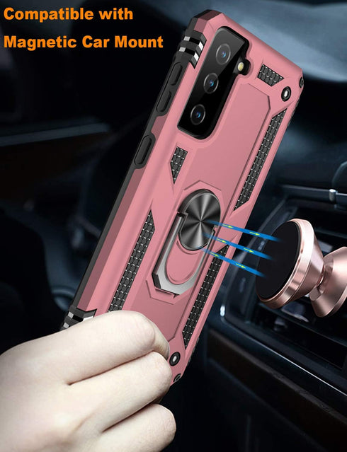 IKAZZ Rose Gold Case for Galaxy S21 Plus, Military Grade Shockproof Heavy Duty Phone Cover with Magnetic Kickstand