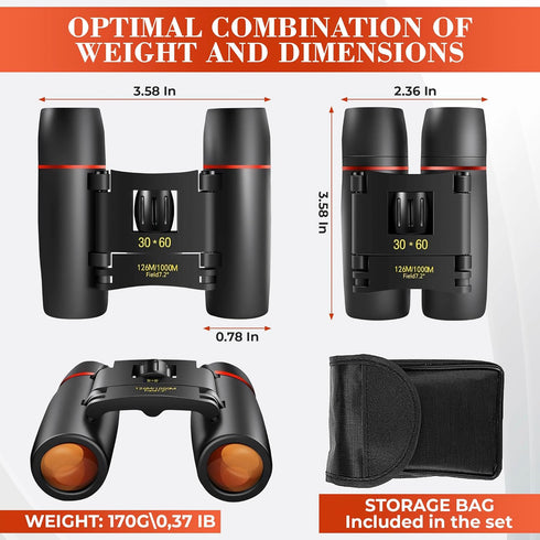 30x60 Travel Binoculars for Bird Watching, Small Binoculars for Adults, Designed for Hiking and Outdoor Adventures
