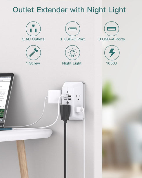 Addtam 5-Outlet 4 Ports(1 Surge Protector, Outlet Extender with Night Light, Splitter and USB USB C), Multi Plug Wall