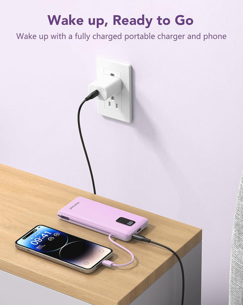 Charmast Portable Charger 10000mAh with Built-in Cables & Wall Plug, External Battery Pack for iPhone, Samsung, iPad