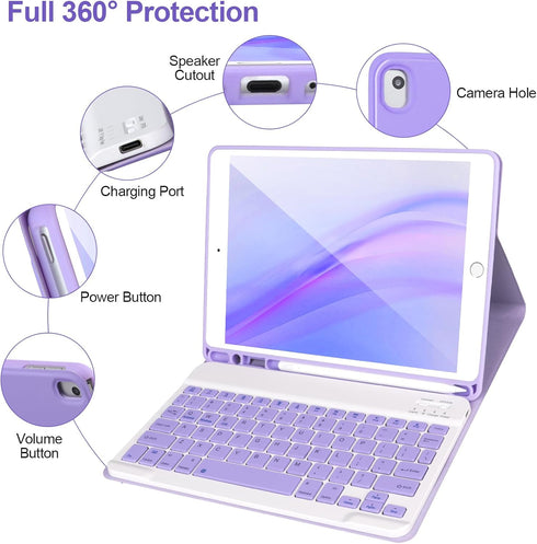 Keyboard Case for iPad 9/8/7th Gen 10.2’’, Bluetooth Keyboard for iPad 10.2 inch, with Pencil Holder, Purple