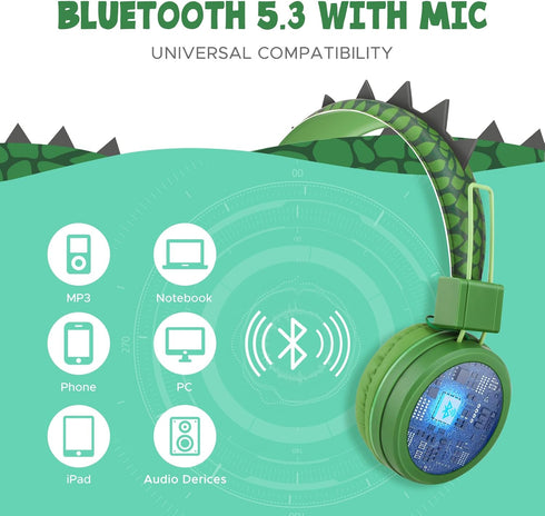 QearFun Dino Headphones for Kids, Bluetooth Headphones with Microphone & 3.5mm Jack, Adjustable Headband for