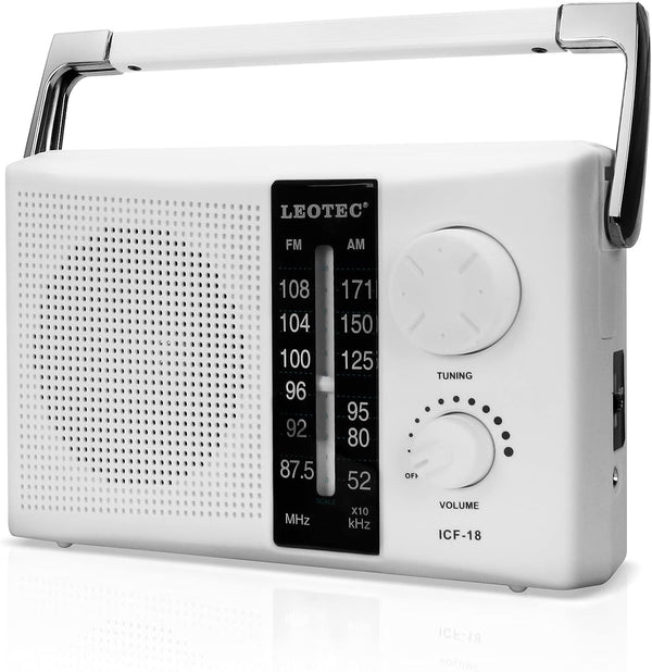 LEOTEC AM FM Radio Transistor Radio, Battery or AC Powered, Excellent Reception, Large Speakers, White