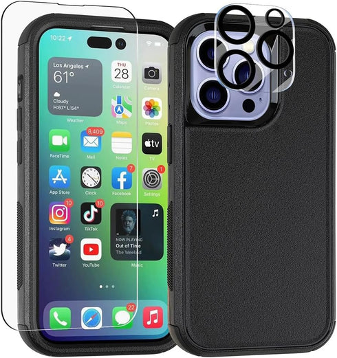iPhone 14 Pro Max Case - Heavy Duty Shockproof Cover with Glass Screen & Camera Lens Protectors (Black)