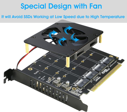 Quad NVMe PCIe Adapter, RIITOP 4 Ports M.2 NVMe SSD to PCI-e 4.0/3.0 x16 Card with Fan Support