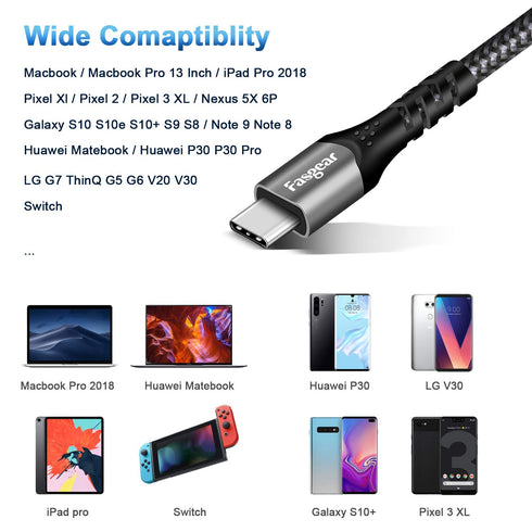 Fasgear 6ft USB C to USB C Cable, 10Gbps, 100W Fast Charge, 4K@60Hz, Compatible with MacBook, Quest, SSD & More.