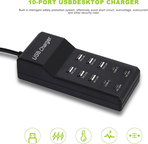 100W USB Charging Station with 10-Port (6 USB-A & 2 USB-C & 2 PD20W) Compatible with iPhone 15/14/13/12/11, Tablets,