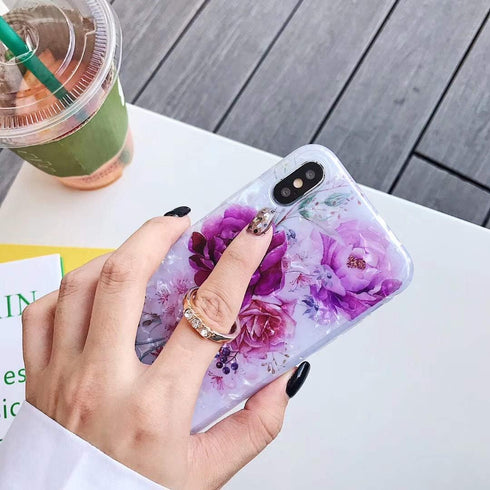 iPhone SE Case 2022/2020 by Qokey, for iPhone 7/8, Flower Cute Design with 360 Degree Rotating Ring (Purple Red)