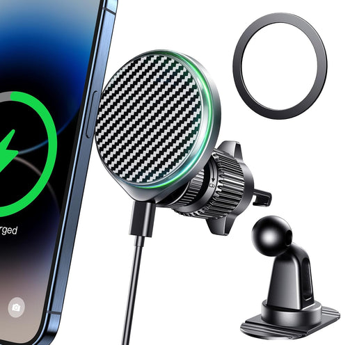 Qifutan 15W Magsafe Car Charger, Fast Charging Wireless Car Phone Holder for iPhone 15 14 13 12, Black