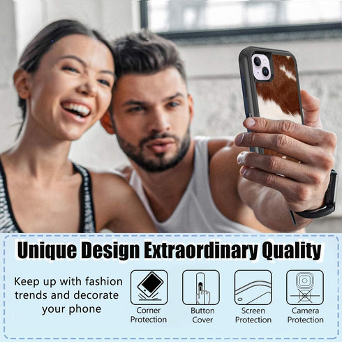OTTARTAKS Luxury iPhone 14/13 Case - Western Cowhide Print, Heavy Duty Shockproof, Military Grade Protection, Brown.
