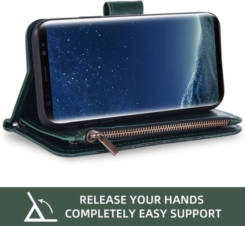 Asuwish Wallet Case for Samsung Galaxy S8 - Dark Green Leather Flip with Tempered Glass & Card Holder Stand.