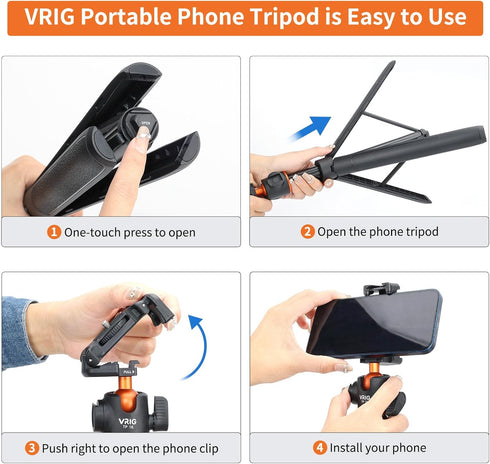 VRIG TP16 Camera Tripod - 55 inch Extendable Phone Selfie Stick Stand with 2 in 1 Phone Clip, 360° Ball Head