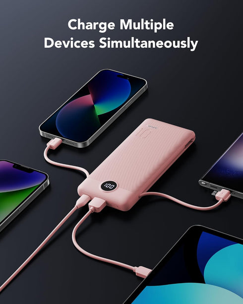 VRURC Portable Charger Power Bank with Wall Plug, 10000mAh with Built-in Cables, PD 20W Fast Charging