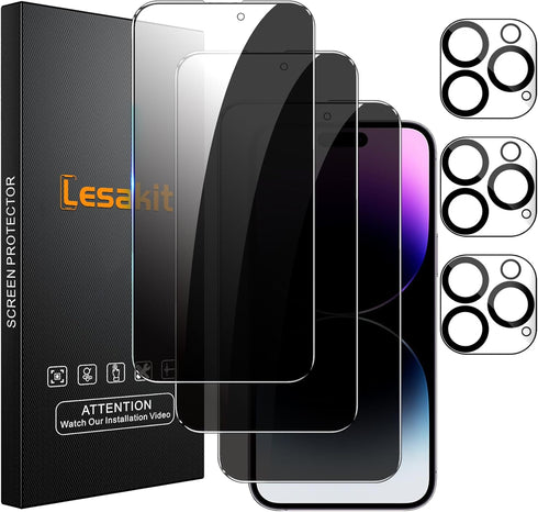 3+3 Pack Privacy Screen Protector for iPhone 14 Pro Max 6.7-Inch with Camera Lens Protector, Anti Spy Tempered Glass