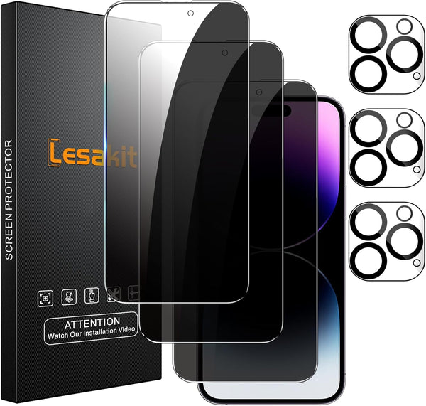 3+3 Pack Privacy Screen Protector for iPhone 14 Pro Max 6.7-Inch with Camera Lens Protector, Anti Spy Tempered Glass