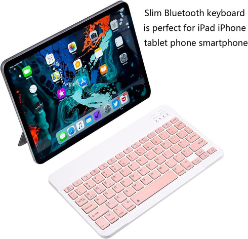 Ultra-Slim Bluetooth Keyboard Portable Mini Wireless Keyboard Rechargeable for Apple iPad iPhone Samsung Tablet Phone Smartphone iOS Android Windows (10 inch Pink)
